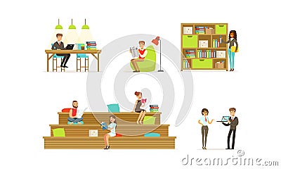 Set of Freelance People or Students Working, Learning or Studying at Home or Open Space Office Cartoon Vector Vector Illustration