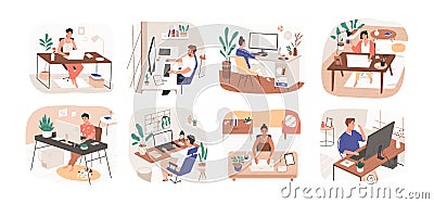 Set of freelance people working remotely vector flat illustration. Collection of man and woman use computer or laptop at Vector Illustration