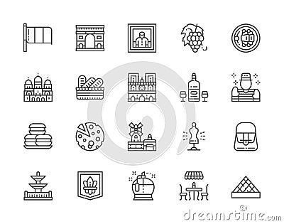 Set of French Culture Line Icons. Perfumery, Street Cafe, Alcohol, Mime and more Vector Illustration
