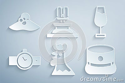 Set French rooster, Wine glass, Wrist watch, Kepi, Fountain and Elegant women hat icon. Vector Vector Illustration