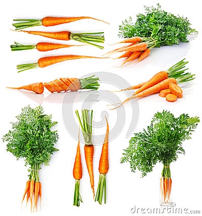 Set fresh carrot fruits with green leaves Stock Photo