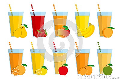 Set of fresh fruit juices and cocktails, fruit smoothie Vector Illustration
