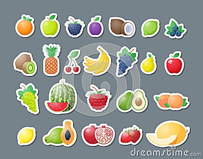 set fresh fruits stickers healthy food collection horizontal Vector Illustration