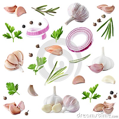 Set of fresh garlic and different seasonings on background Stock Photo