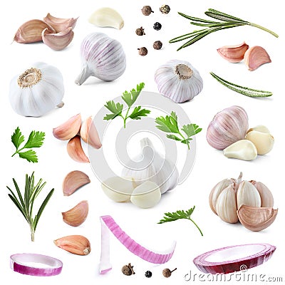 Set of fresh garlic and different seasonings on background Stock Photo