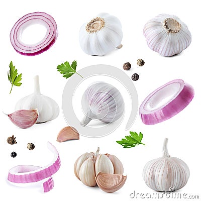 Set of fresh garlic and different seasonings on background Stock Photo