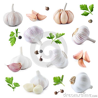 Set of fresh garlic and different seasonings on background Stock Photo
