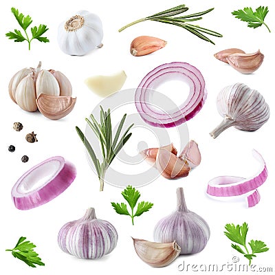 Set of fresh garlic and different seasonings on background Stock Photo