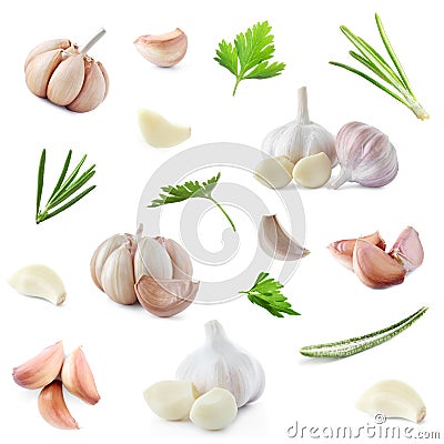 Set of fresh garlic and different seasonings on background Stock Photo