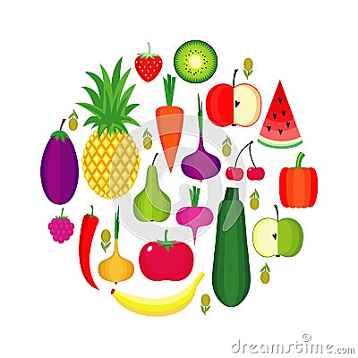 Set of fresh healthy fruits and vegetables made in flat style. Healthy lifestyle or diet vector design element. Vector Illustration