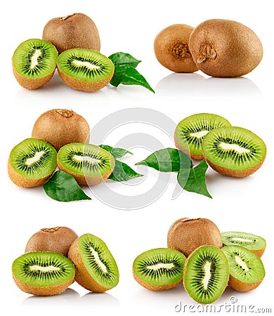 Set fresh kiwi fruits with green leaves Stock Photo