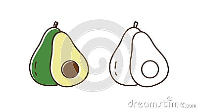 Set of fresh tasty avocado vector illustration in line art and outline style. Colorful and monochrome organic fruit with Vector Illustration