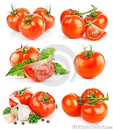 Set fresh tomato fruits with green leaves Stock Photo