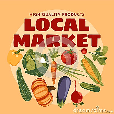 set of fresh vegetables harvest. Farm and agricultural market or festival poster, flyer. Cartoon Illustration