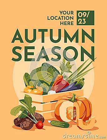 set of fresh vegetables harvest in wooden box. Farm and agricultural market or festival poster. Cartoon Illustration