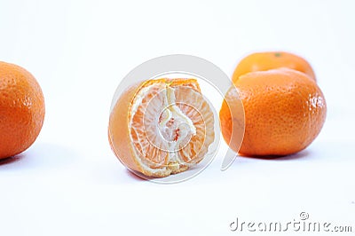 Set of fresh whole and cut/half orange and slices Stock Photo