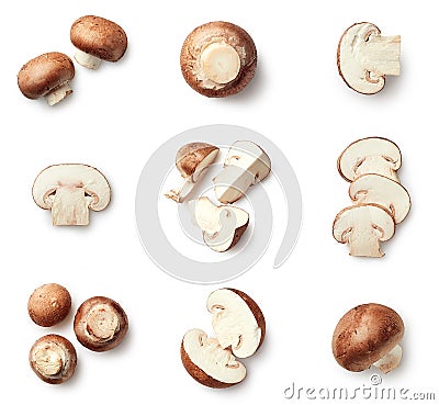 Set of fresh whole and sliced champignons Stock Photo