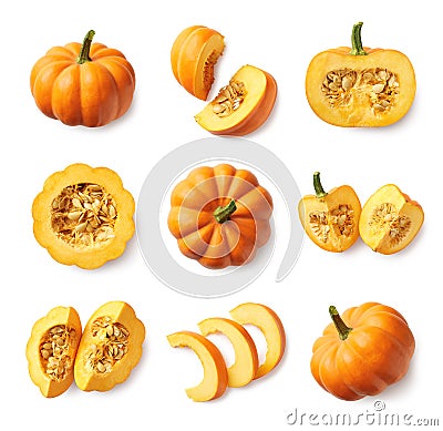 Set of fresh whole and sliced pumpkin Stock Photo