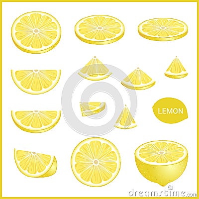 Set of fresh yellow lemon in various slice styles vector format Vector Illustration