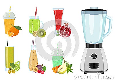 Set of freshly squeezed drinks in glasses and blender. Vector illustration Vector Illustration