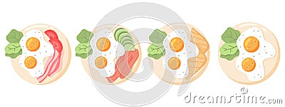 A set of fried eggs on plates. Various eggs. Fried eggs with bacon, fish, vegetables, toast. Vector Illustration