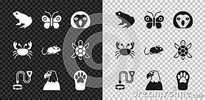 Set Frog, Butterfly, Owl bird, Collar with name tag, Eagle head, Paw print, Crab and Rat icon. Vector Stock Photo