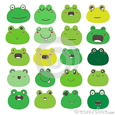 Set of frog face emoticons, Cute frog character design. Vector Illustration