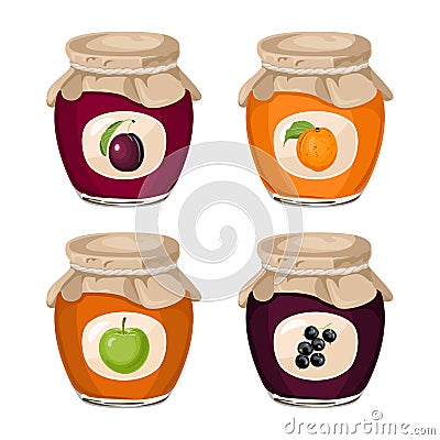 Set of fruit and berry jams in glass jars. Vector illustration of apricot, plum, black currant and apple jelly Vector Illustration