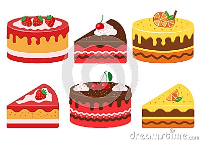 Set of fruit cakes, whole and slice. Vector illustration Cartoon Illustration