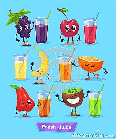 Set of fruit characters and fresh juice. Vector Vector Illustration