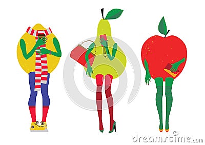 Set of fruit in the image of beautiful modern women. Vector Illustration