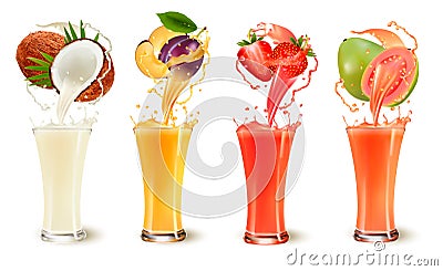 Set of fruit juice splash in a glass. Vector Illustration