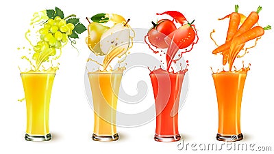 Set of fruit juice splash in a glass. Vector Illustration