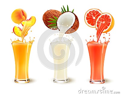 Set of fruit juice splash in a glass. Vector Illustration