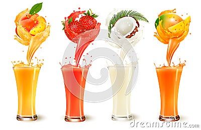 Set of fruit juice splash in a glass. Strawberry, peach, coconut Vector Illustration