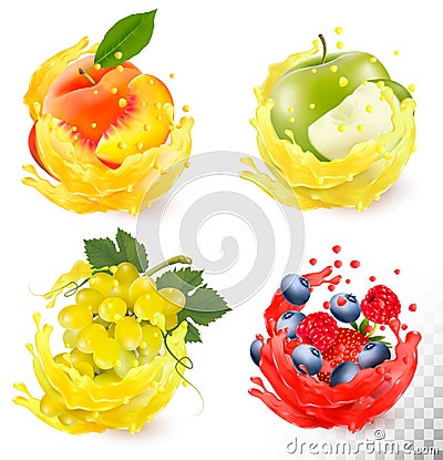 Set of fruit juice splash. Grapes, apple, peach Vector Illustration