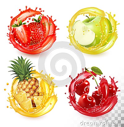 Set of fruit juice splash. Strawberry, pineapple Vector Illustration