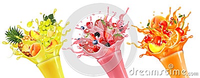 Set of fruit juice splash. Whole and sliced pineapple, mango, peach, orange, cherry, blueberry, strawberry and grape in juice with Vector Illustration