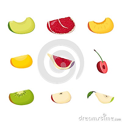 Set of fruit slices. Vegetarian food, healthy eating concept. Avocado, pomegranate, peach, mango, fig, cherry, kiwi Vector Illustration