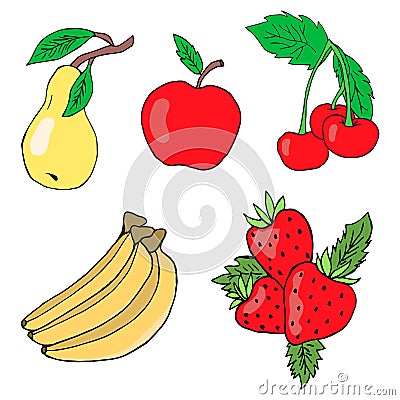 Set of fruits: apple, pear, banana, cherry, strawberry. Vector isolated image. Vector Illustration