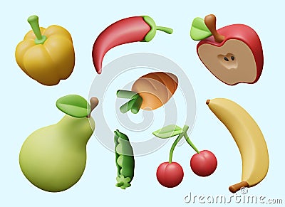 Set of fruits, berries, vegetables, legumes, spices. Vector floating illustration Vector Illustration