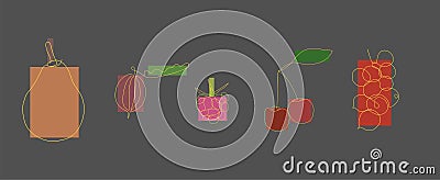 Set of fruits drawn by one line in yellow on a gray background with multicolored rectangles. Vector Illustration