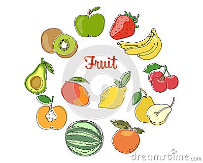 Set of fruits, icons. Banana, strawberry, mango, lemon and other fruits. Black outline with color vector Vector Illustration