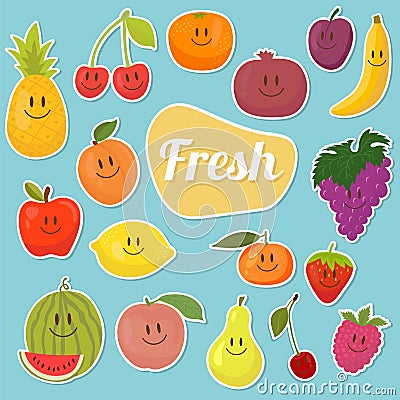 Set of fruits stickers. Cartoon fruits. Fresh and juicy Vector Illustration