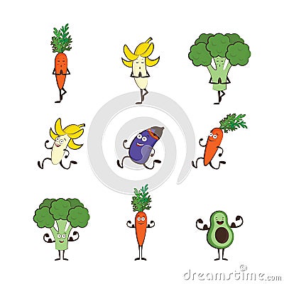 Set of fruits and vegetables doing sport -avocado, carrot, banana, eggplant, broccoli, cartoon vector illustration Vector Illustration