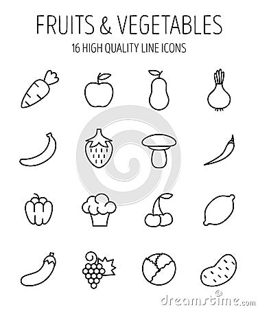 Set of fruits and vegetables icons in modern thin line style. Vector Illustration