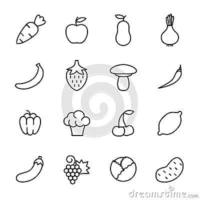 Set of fruits and vegetables icons in modern thin line style. Vector Illustration