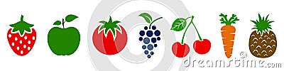 Set of fruits and vegetables icons. Variety products, healthy food collection of strawberry, apple, pineapple, cherry, grape Vector Illustration