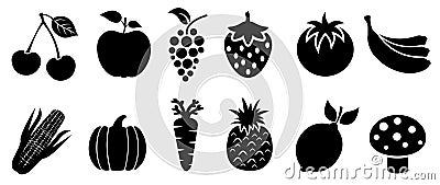 Set of fruits and vegetables icons. Variety products, healthy food collection of strawberry, apple, pineapple, cherry, grape Vector Illustration