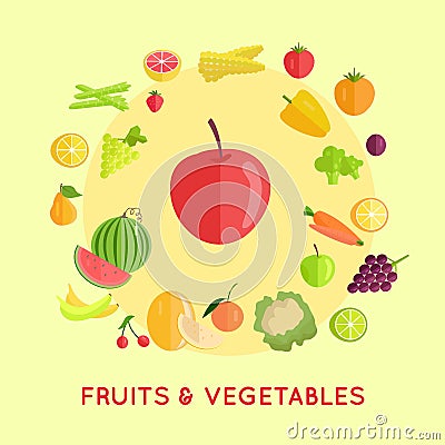 Set of Fruits Vegetables Vector Illustrations. Vector Illustration